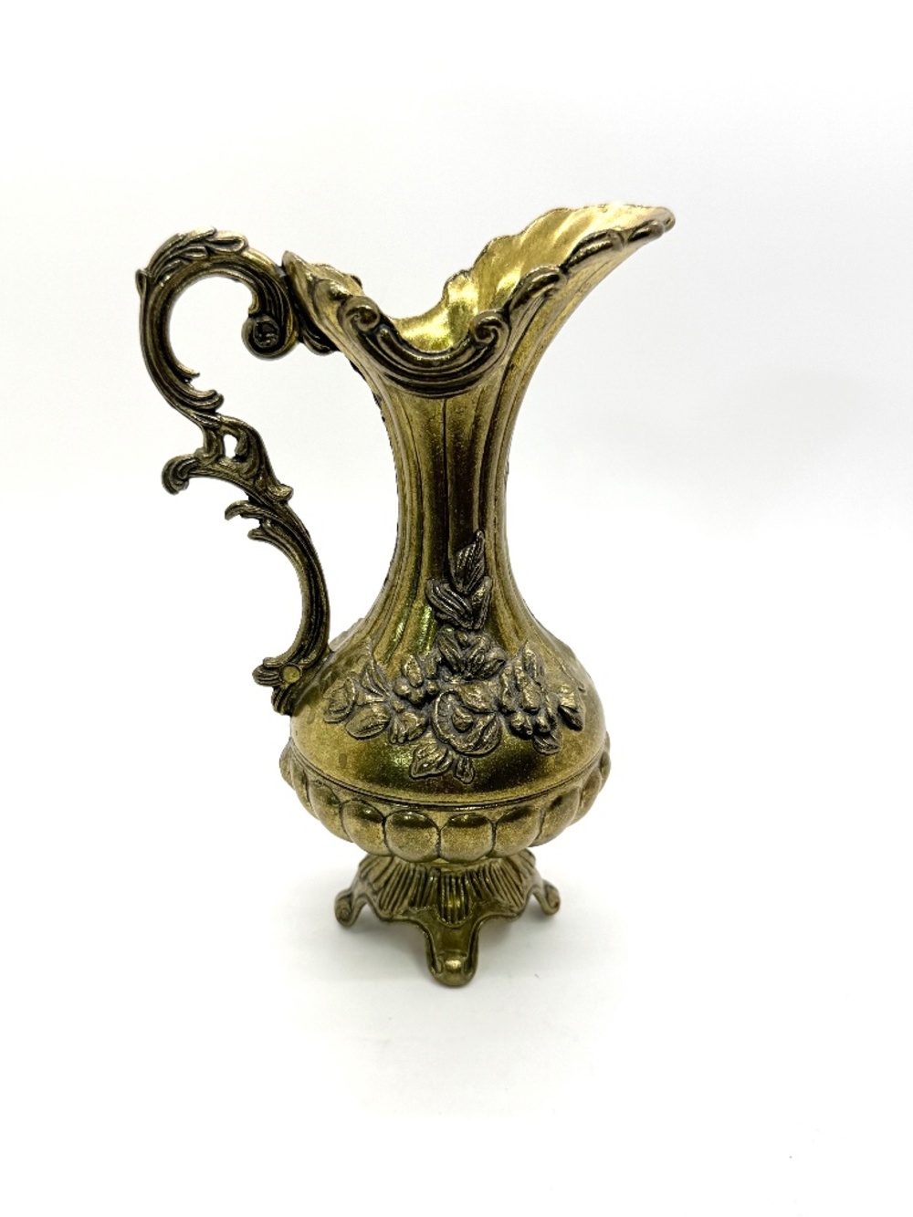 Italian Ornate Footed  Brass Tone Metal Pitcher with Embossed Floral Designs